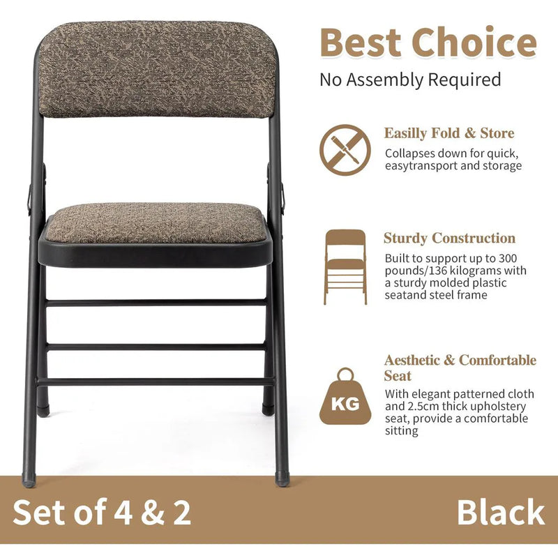 4 Pcs Folding Chairs, Black Patterned Fabric Upholstered Event Chairs, 18.1"×18.9"×29.9" Padded Seat & Back, Matte Steel Frame, Portable Foldable Chairs for Office, Conference, Living Room, School