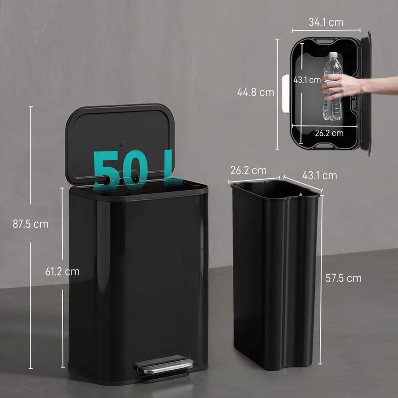 HOMCOM 50L Kitchen Bin, Metal Pedal Rubbish Bin with Soft Close and Stay-Open Lid, Removable Inner Bucket, High Gloss Black
