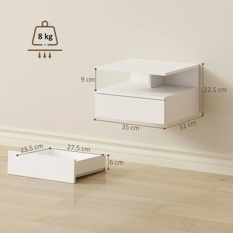 HOMCOM Set of Two Floating Bedside Tables - White