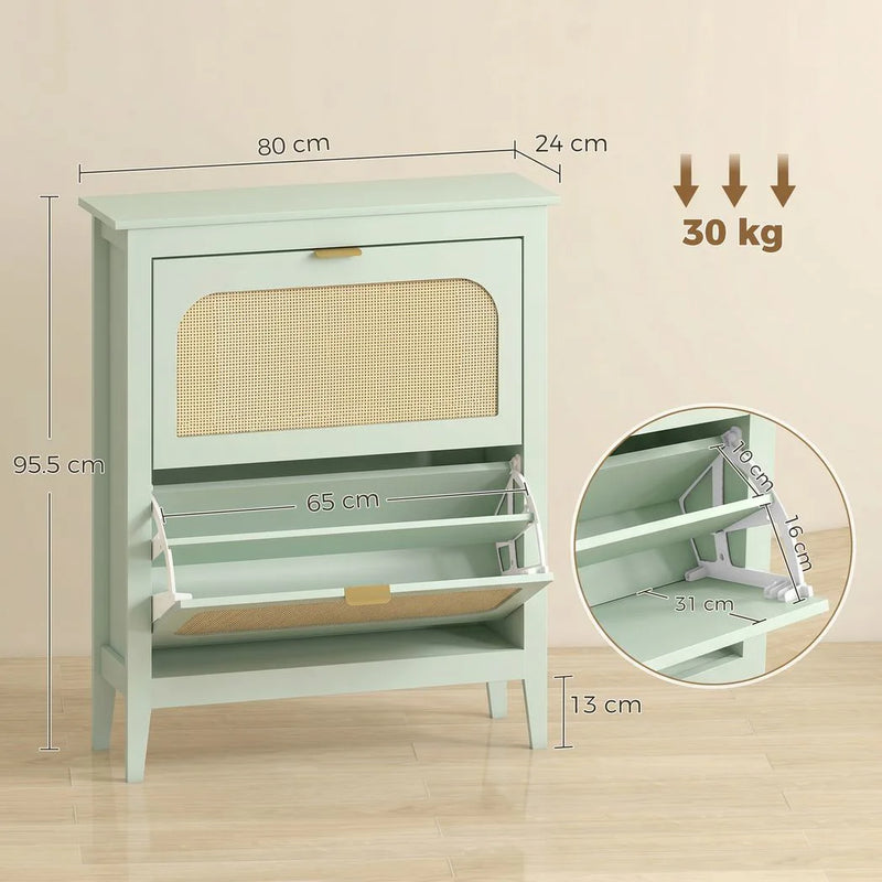 HOMCOM Narrow Shoe Cabinet, Boho Slim Shoe Storage Cabinet with 2 Flip Drawers, Holds 14 Pairs, Light Green