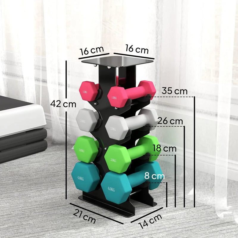 SPORTNOW Hex Dumbbells Set with Dumbbell Rack, Hand Weights for Home Gym Strength Training, 2 x 1kg, 2 x 2kg, 2 x 3kg, 2 x 4kg