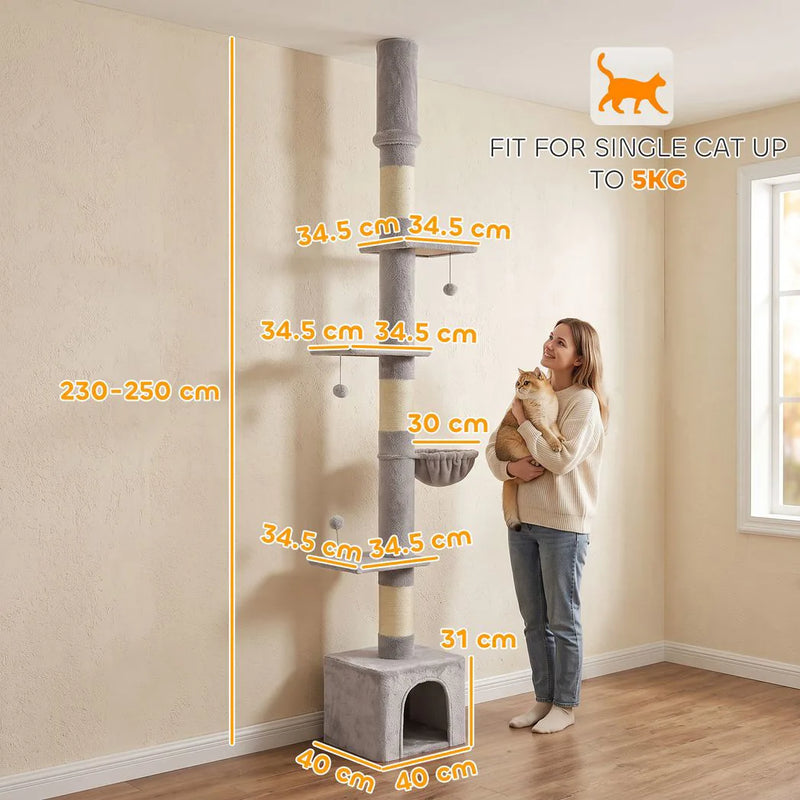 PawHut Floor to Ceiling Cat Tree, 230-250cm Multi-Level Cat Tower with Adjustable Height, Scratching Posts, Condo, Platforms