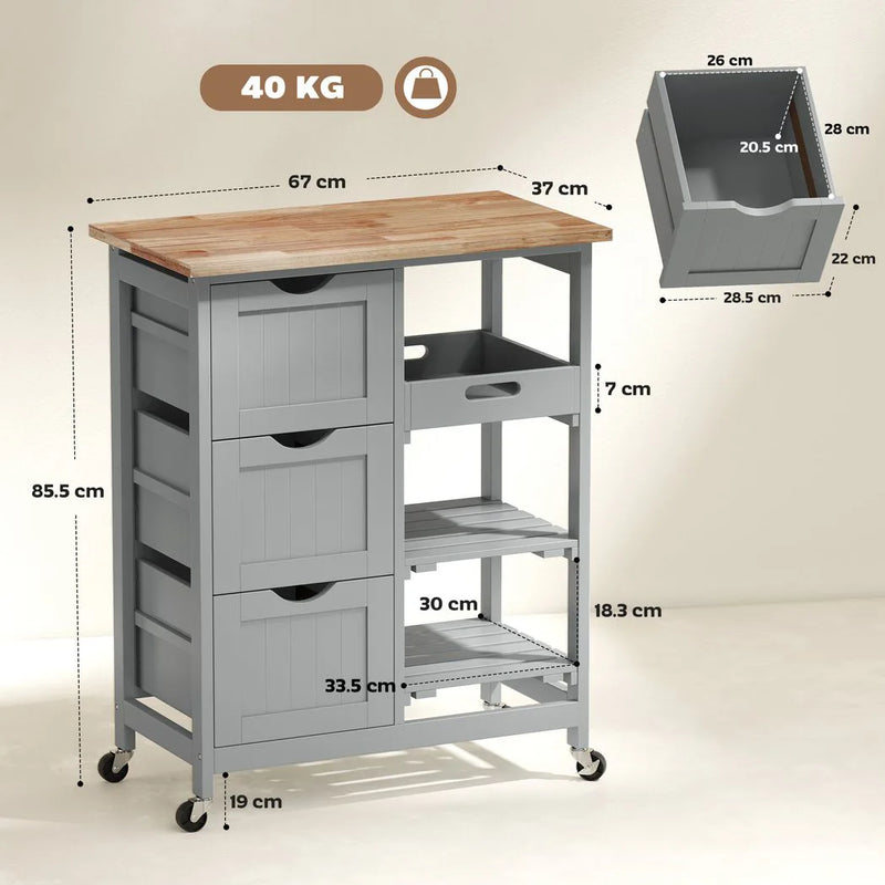 HOMCOM Rolling Kitchen Island Cart, Bar Serving Cart, Compact Trolley on Wheels with Wood Top, Shelves & Drawers, Grey