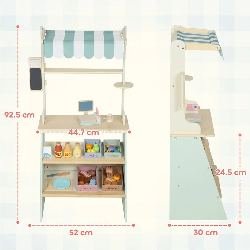 AIYAPLAY Wooden Toy Shop, Wooden Market Stall with Cash Register, Blackboard and Toy Food, 4 Storage Boxes, Ages 3, Green