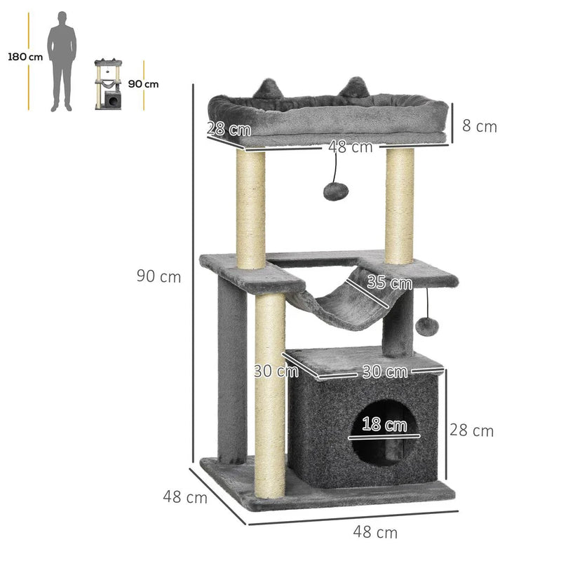 PawHut Cat Tree, 90cm Cat Tower with Sisal Scratching Posts, Cat Condo, Hammock, Top Perch and 2 Hanging Toys for Cats, Grey