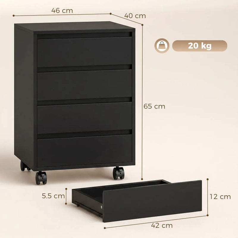HOMCOM Four-Drawer Office Filing Cabinet, with Wheels - Black