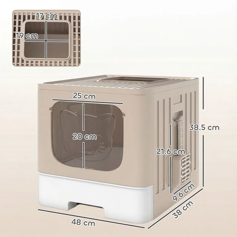 PawHut Cat Litter Box with Lid, Slide-Out Drawer, Scoop, Easy Clean, Odour Control, Anti-Splashing, Khaki