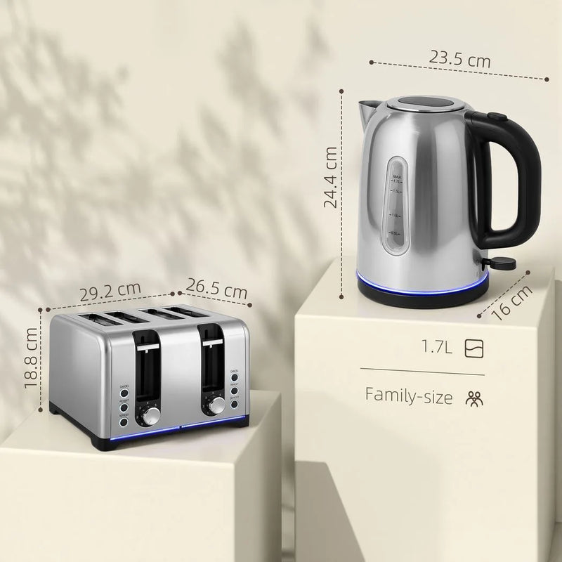 HOMCOM Kettle and Toaster Set, 1.7L 3000W Rapid Boil Jug Kettle with Otter Thermostat, Limescale Filter, 4 Slice Toaster with 7 Browning Controls, Crumb Tray, LED Strip, Silver Tone