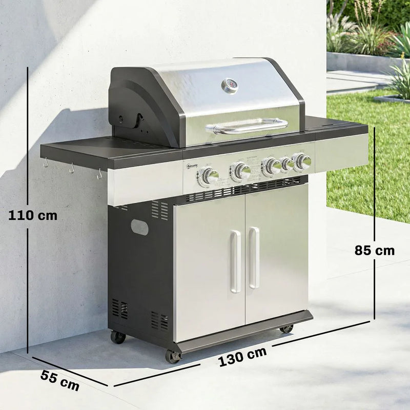 Outsunny 4 Burner Gas BBQ Grill, Portable Gas Barbecue Grill with Side Burner, Warming Rack, Side Shelf, Storage Cabinet