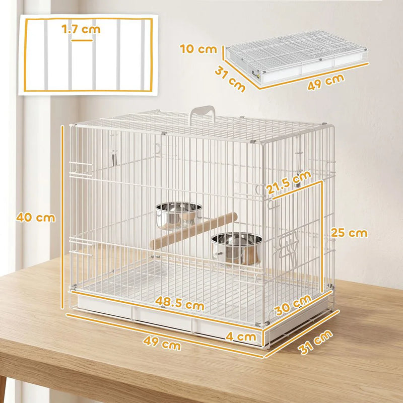 PawHut Bird Cage Foldable Portable Budgie Cage with Wooden Perch 2 Bowls for Travel 49 x 31 x 40 cm White