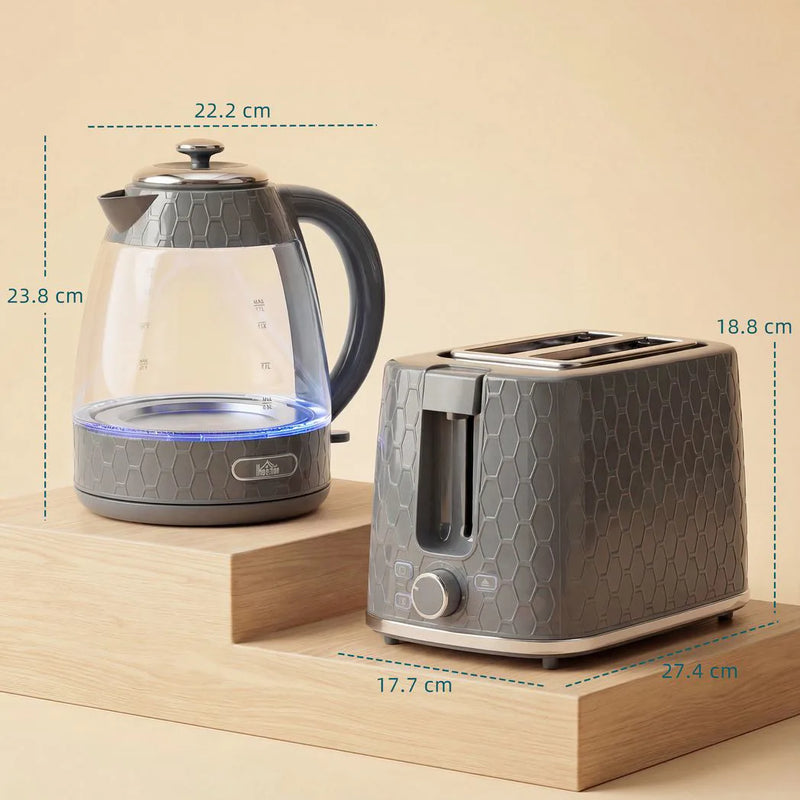 HOMCOM Kettle and Toaster Set, 1.7L 3000W Rapid Kettle with Limescale Filter, 2 Slice Toaster with 7 Browning Controls, Grey