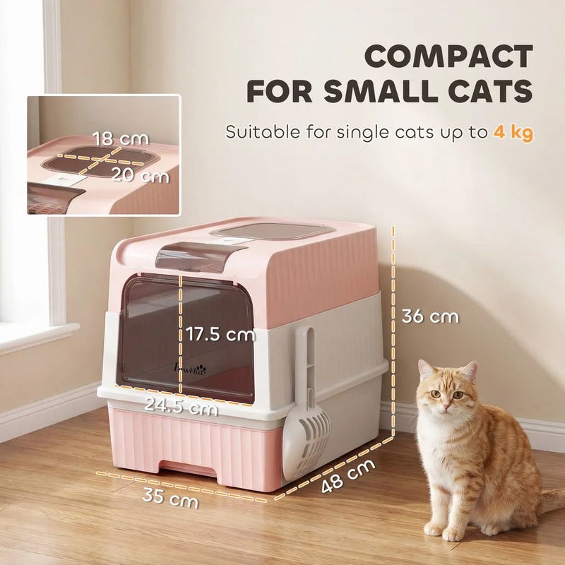 PawHut Enclosed Cat Litter Box with Lid, Pull-Out Drawer Tray, Scoop, 2 Deodorisation Bags, Front Entry & Top Exit, Pink