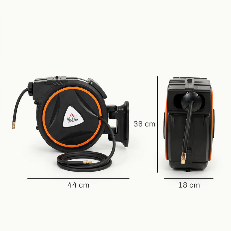 HOMCOM Auto Rewind Hose Reel, Retractable Air Hose Reel 15 m and 1.5 m, 150 Bar with 1/4" BSPT Connector, Black