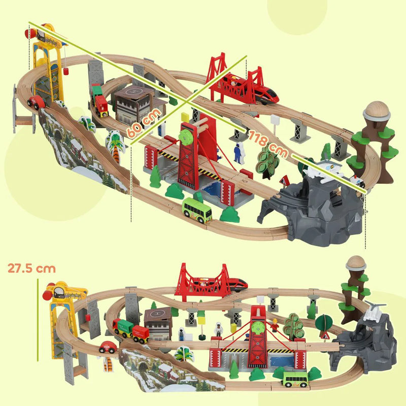 AIYAPLAY 100 Piece Wooden Train Set for Kids 3 Years with Track, Crane, Battery Operated Train