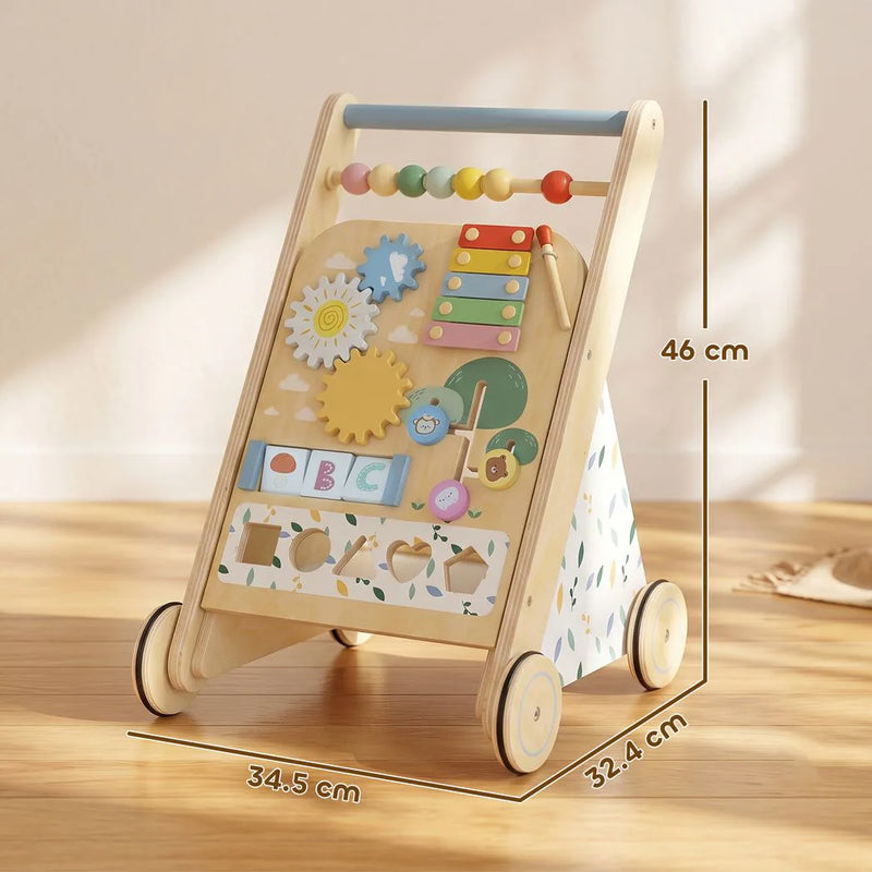 AIYAPLAY Wooden Baby Walker, Toddler Push Along Walker with Speed Control, Activity Centre and 5 Blocks for 18 Months, Natural