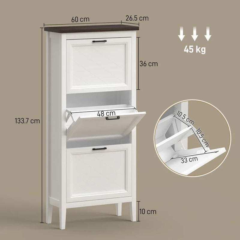 HOMCOM Shoe Cabinet with 3 Flip Drawers, Farmhouse Narrow Shoe Storage Cabinet with Adjustable Shelves, White