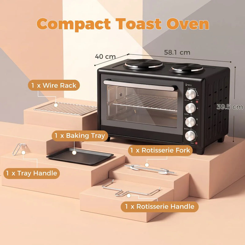 HOMCOM 46L Mini Oven with Dual Hot Plates, Electric Countertop Cooker with Convection, 90?230°C Adjustable Temperature