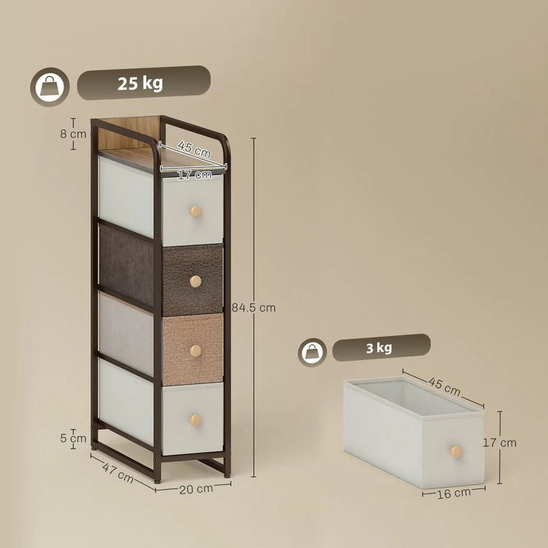 HOMCOM 4-Drawer Storage Organiser Unit, Chest of Drawers with Steel Frame for Bedroom, Living Room, Mixed-Brown