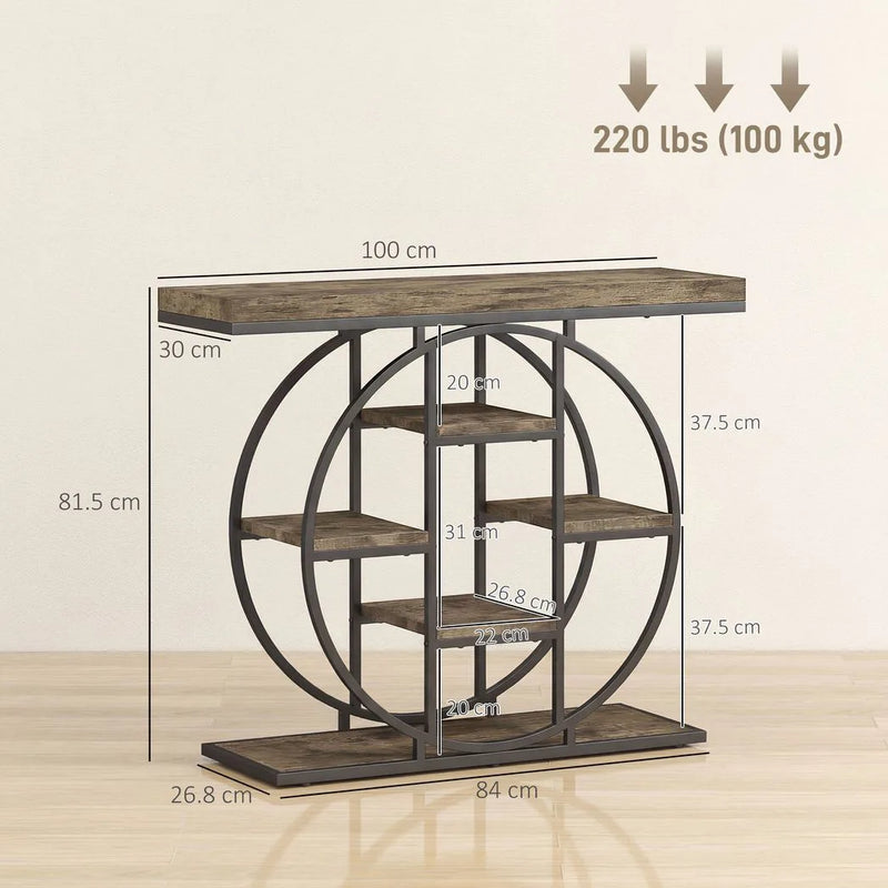 HOMCOM Industrial Console Table with Storage Shelves - Rustic Brown