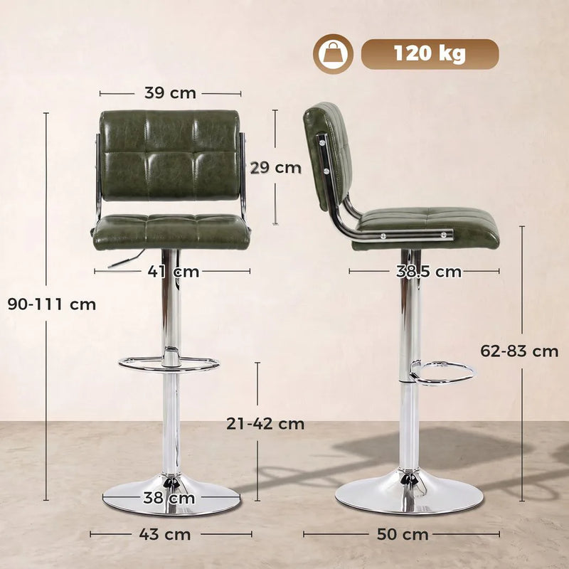 HOMCOM Bar Stools Modern PU Leather Adjustable Breakfast Bar Stools Backrest Set of 2 Green