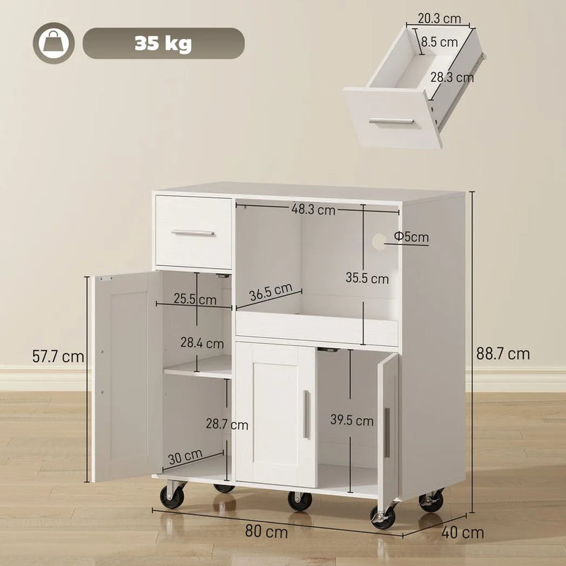HOMCOM Rolling Kitchen Cart, Microwave Cabinet with Sliding Tray, Drawer, 3-Door Cupboards, Adjustable Shelf, White