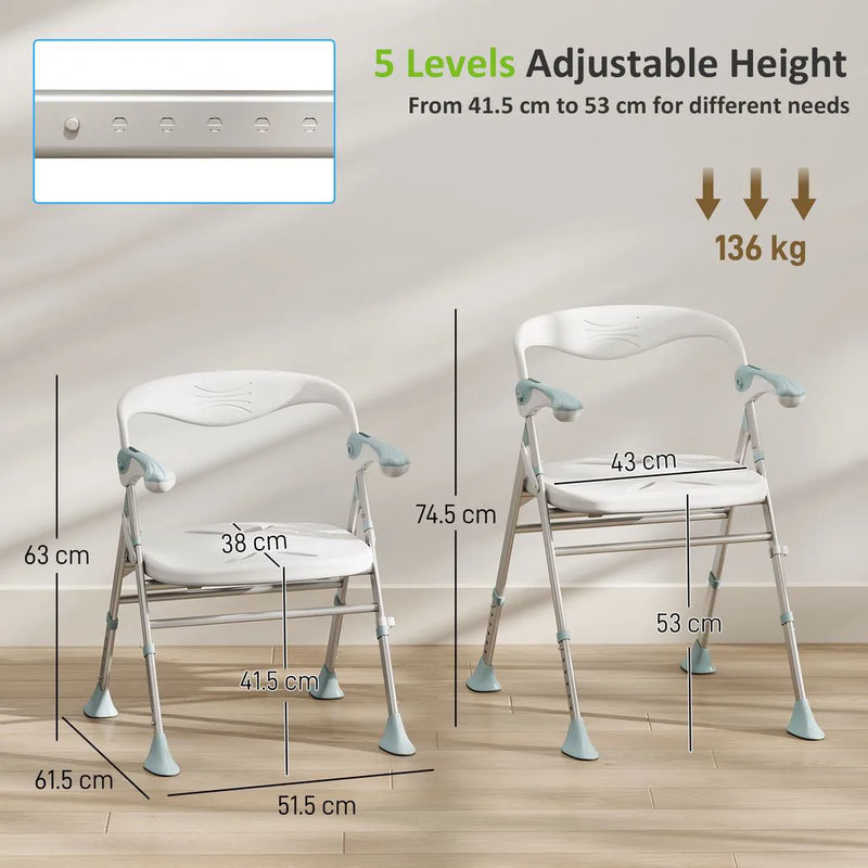 HOMCOM Foldable Shower Chair with Flip-Up Armrests, Shower Stool with Adjustable Height, Tool-Free Assembly, 136 kg