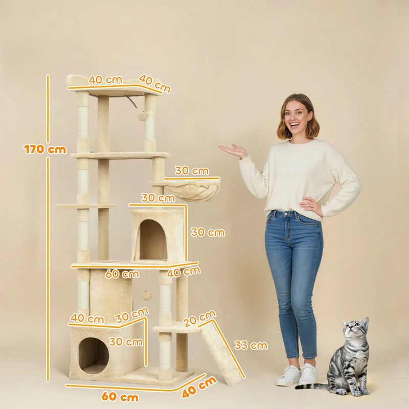 PawHut 170 cm Large Cat Tree, Cat Tower with 7 Scratching Posts, Tunnel, 2 Condos, Hammock, Perch, Ramp, Pompoms, Beige