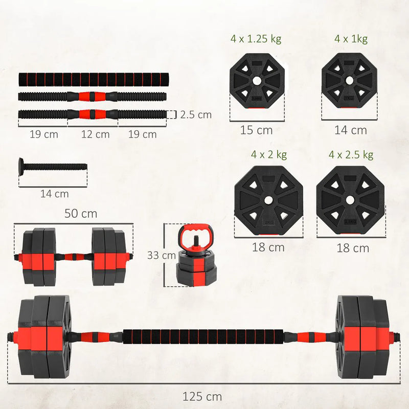 SPORTNOW 6-in-1 Adjustable Weight Dumbbells Set, Used as Kettlebell, Barbell, Dumbbell, Push-Up Stand, 30kg Free Weights Set for Men and Women Home Gym Training, Red