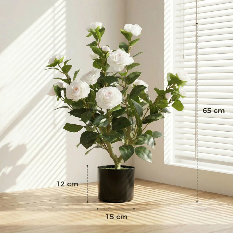 HOMCOM 65cm Artificial Camellia Flower Plant in Pot with 116 Lush Leaves & Moss Effect, White