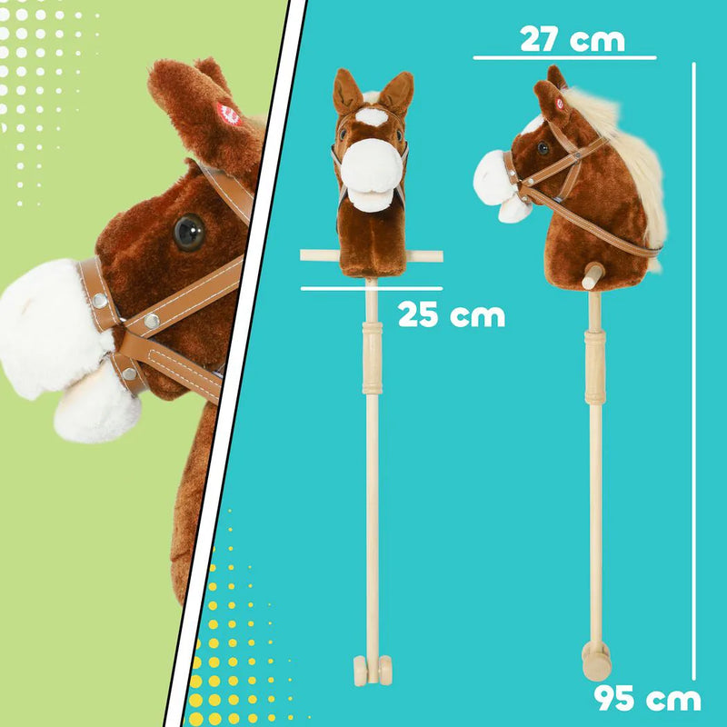 AIYAPLAY Stick Horse with Wood Wheels, Real Pony Neighing and Galloping Sounds, Grip Handle, 95 cm, Brown