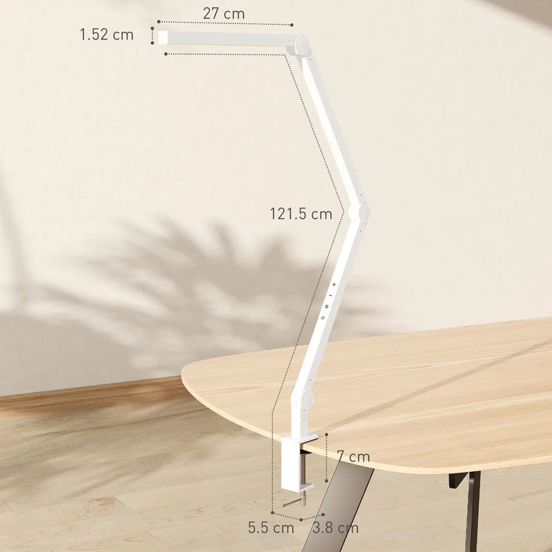 HOMCOM LED Desk Lamp, Dimmable Desk Light with Swing Arm and Clamp, Adjustable Eye-Caring Table Lamp with 2 Colour Modes & 5 Brightness Levels for Study, Drawing, Office, Architect, Task, White