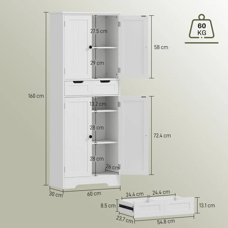 HOMCOM Tall Bathroom Cabinet, Freestanding Bathroom Storage Cabinet with Drawer, Shelves and Doors, 60 x 30 x 160 cm, White