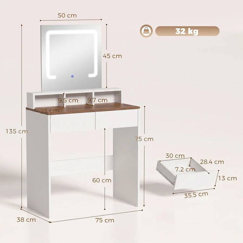 HOMCOM Vanity Table, Dressing Table with Mirror, LED Lights, 2 Drawers, 3 Compartments, 3 Colour Lighting, Walnut