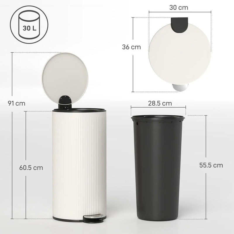 HOMCOM Kitchen Bin, 30 Litre Pedal Rubbish Bin with Removable Bucket, Cream