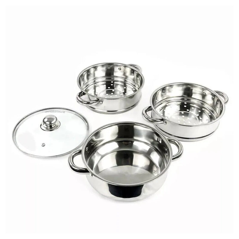 LARGE 28cm 3 Tier Stainless Steel Steam Cooker Steamer Pan Cook Food Veg Pot lid