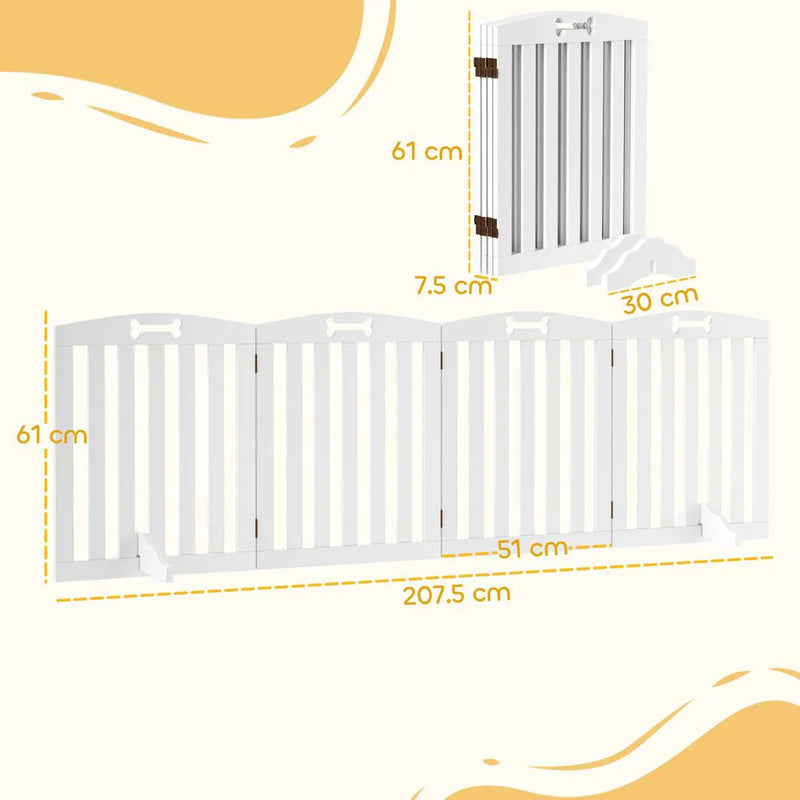 PawHut Wooden Dog Gate, Freestanding Pet Gate with Support Feet for Doorways, Hallways, Stairs, 207.5L x 61H cm, White