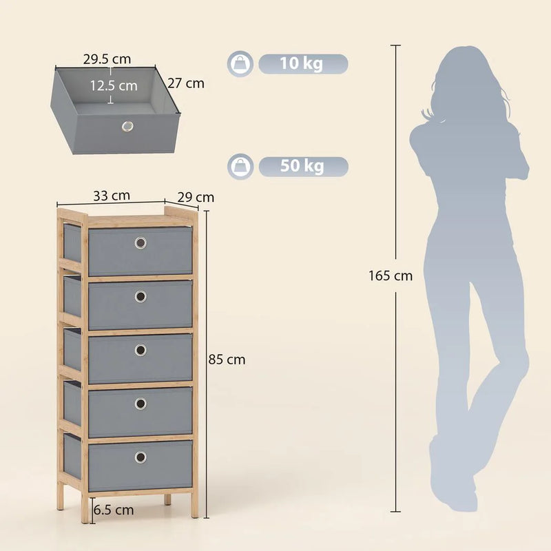 HOMCOM Chest of Drawers, 5 Fabric Drawers Narrow Dresser with Bamboo Frame, Light Grey