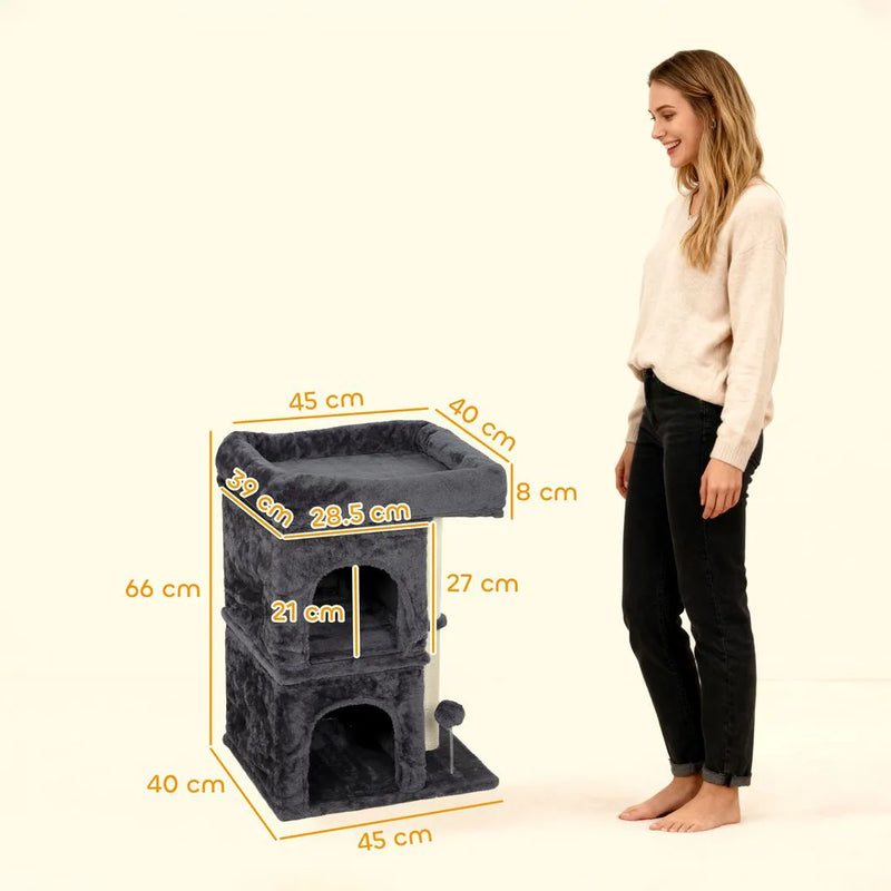 PawHut 66 cm Small Cat Tree for Large Cats, Cat Tower w/ Large Top Perch, 2 Condos, Sisal Scratching Post, Toy Ball, Dark Grey