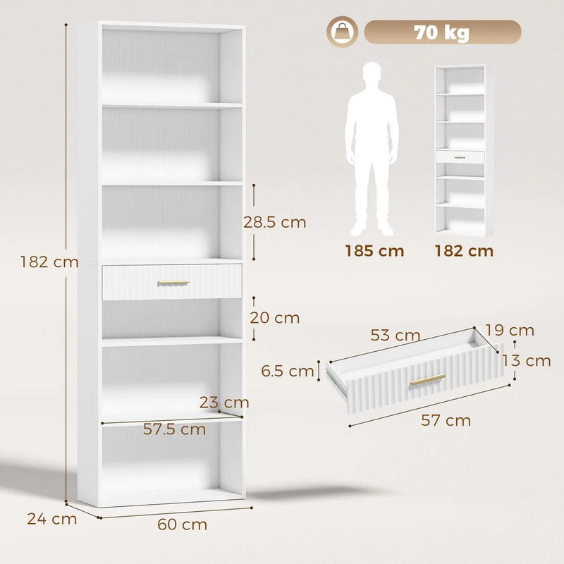 HOMCOM Bookcase Narrow Tall Space-Saving Bookshelf Drawer Open Shelves 60 x 24 x 182 cm White