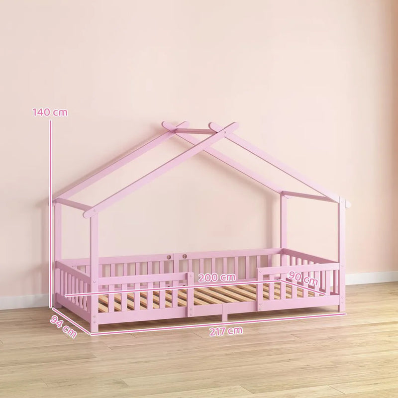 AIYAPLAY Wooden Kids House Single Bed Frame, Solid Pine Wood Toddler Bed with Dual Guardrails for Children, Boys, Girls, Pink