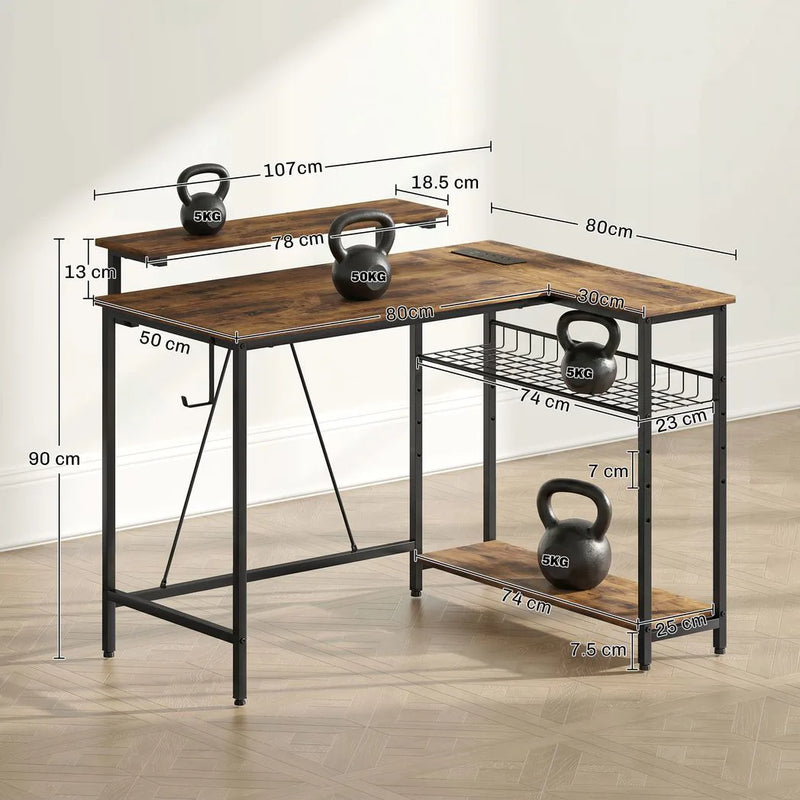 HOMCOM Reversible 'L' LED Light Gaming/Work Desk - Rustic Brown