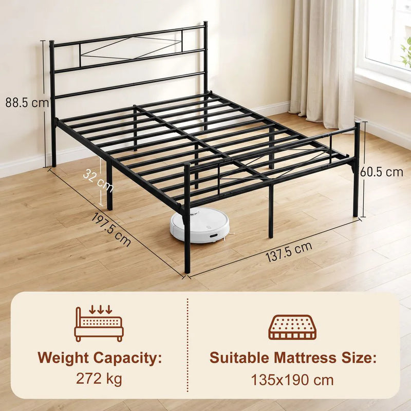 HOMCOM 4ft6 Double Bed Frame with Headboard and Footboard, Metal Platform Bed Frame with 32 cm Underbed Storage, Black
