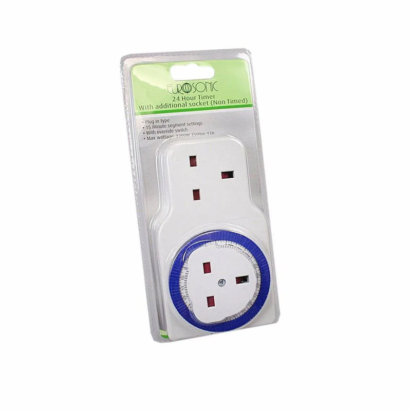 Eurosonic 24 Hour Timer With Additional Socket Non Timed 15 Minute Settings