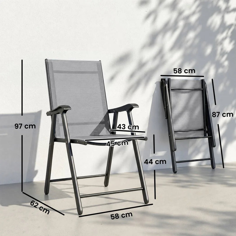 Outsunny Folding Garden Chairs Set of 2, Foldable Garden Dining Chairs with High Back, Armrests, Texteline Seat, Light Grey