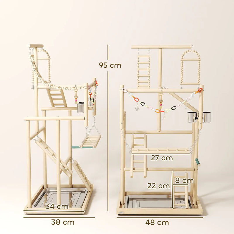 PawHut 95 cm Wooden Bird Playground with Ladders, Chain Toy, Stainless Steel Cups and Tray, Bird Cage Accessories, Natural