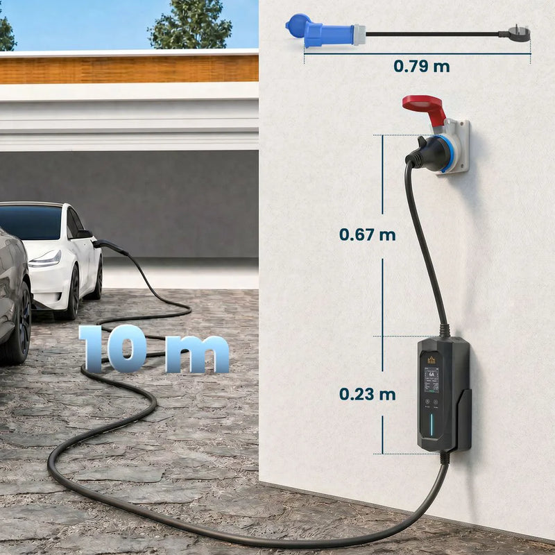 HOMCOM EV Charger 7kW Type 2 to CEE 32A Plug with UK Adapter, 10 m, 6-32A, Electric Car Charger w/ 1-12 h Time Delay
