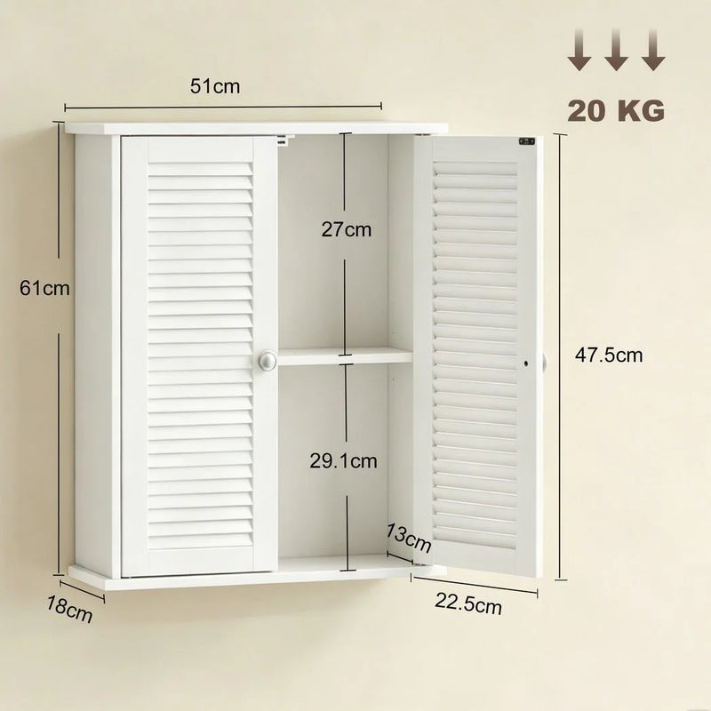 HOMCOM Bathroom Cabinet, Bathroom Wall Cabinet with Louvered Doors and Adjustable Shelf Storage for Kitchen, White