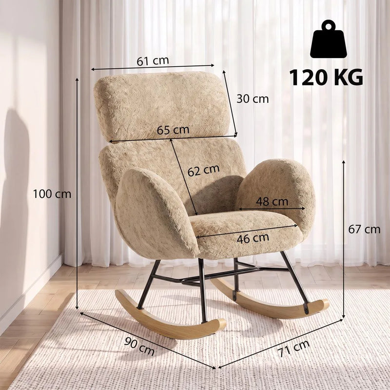 HOMCOM Upholstered Rocking Chair Adjustable Headrest Rocker Chair Raindrop Velvet Rubberwood Base Light Brown