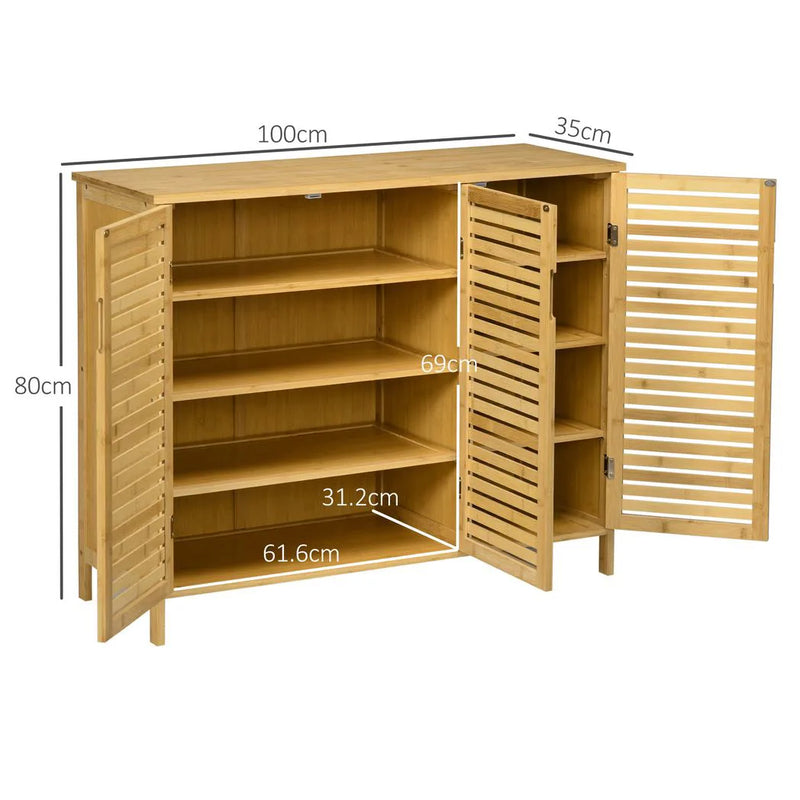 HOMCOM Rustic Shoe Cabinet, 3 Door Shoe Storage Cabinet with 8 Shelves, Natural Wood Finish