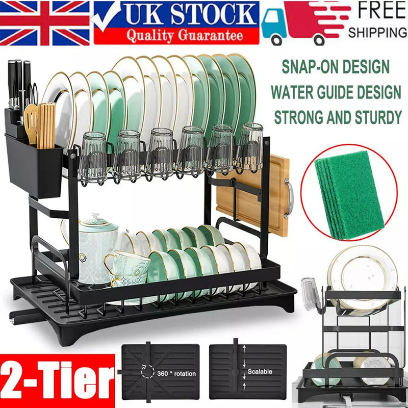NEW 2TIER KITCHEN SINK DISH DRAINER RACK WITH DRIP TRAY CUTLERY HOLDER PLATE RACK UK